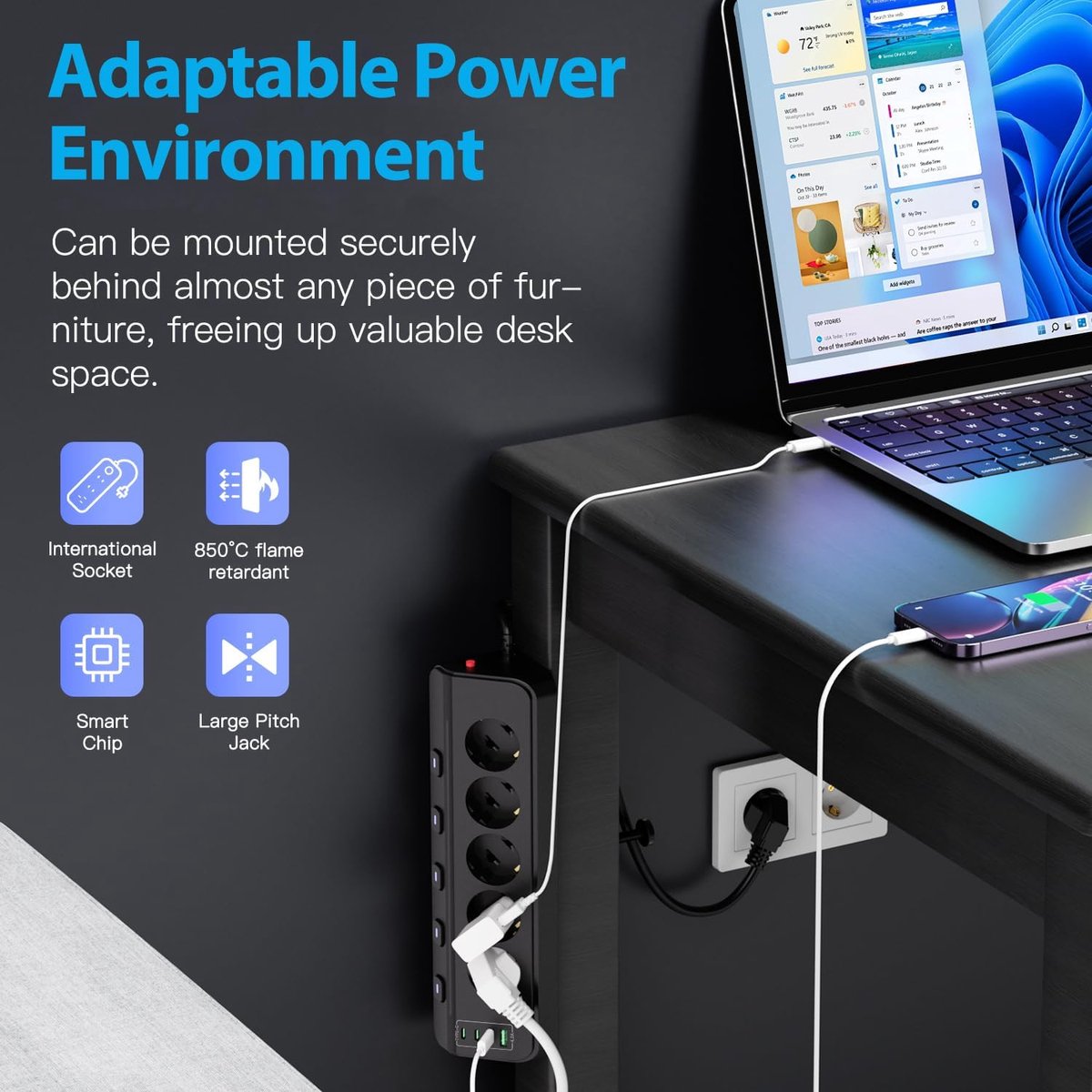 SnelShoppen - Power Strip met USB, 9-in-1 Tafelstopcontact, 5-Weg Hoekstopcontact met Individueel Schakelaar, 2m Verlengsnoer voor Keuken, Kantoor en