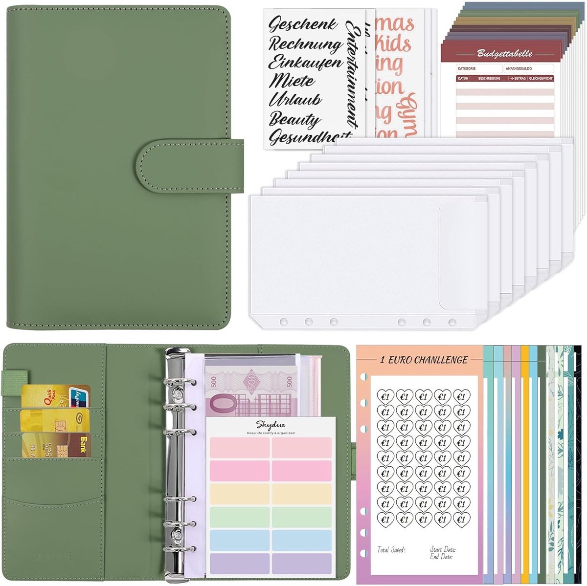 SnelShoppen - A6 Budget Binder met 12 Spaardoelen, Budget Envelop voor Kantoor en Reizen, Olive Green, Ideaal voor Geldbeheer en Besparen