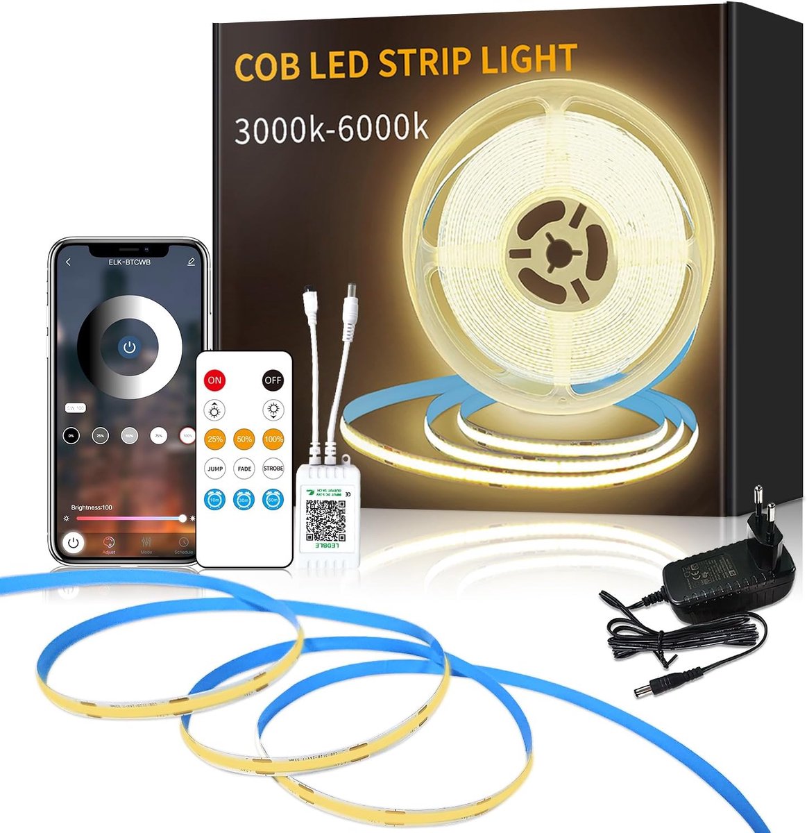 SnelShoppen - Cob LED Strip 5m - App en Afstandsbediening - Flexibel Dimbaar - Warm Wit 3000K - Ideaal voor Slaapkamer, DIY Decoratie, Feesten en Meer