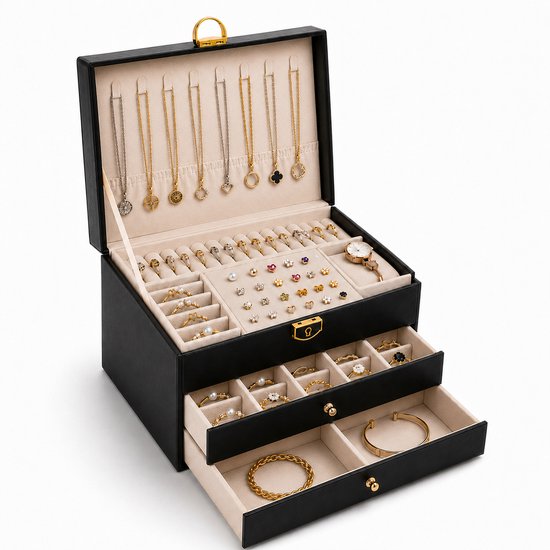 Zwarte juwelendoos met drie laden, vol met sieraden zoals kettingen, ringen, oorbellen, een horloge en armbanden.
