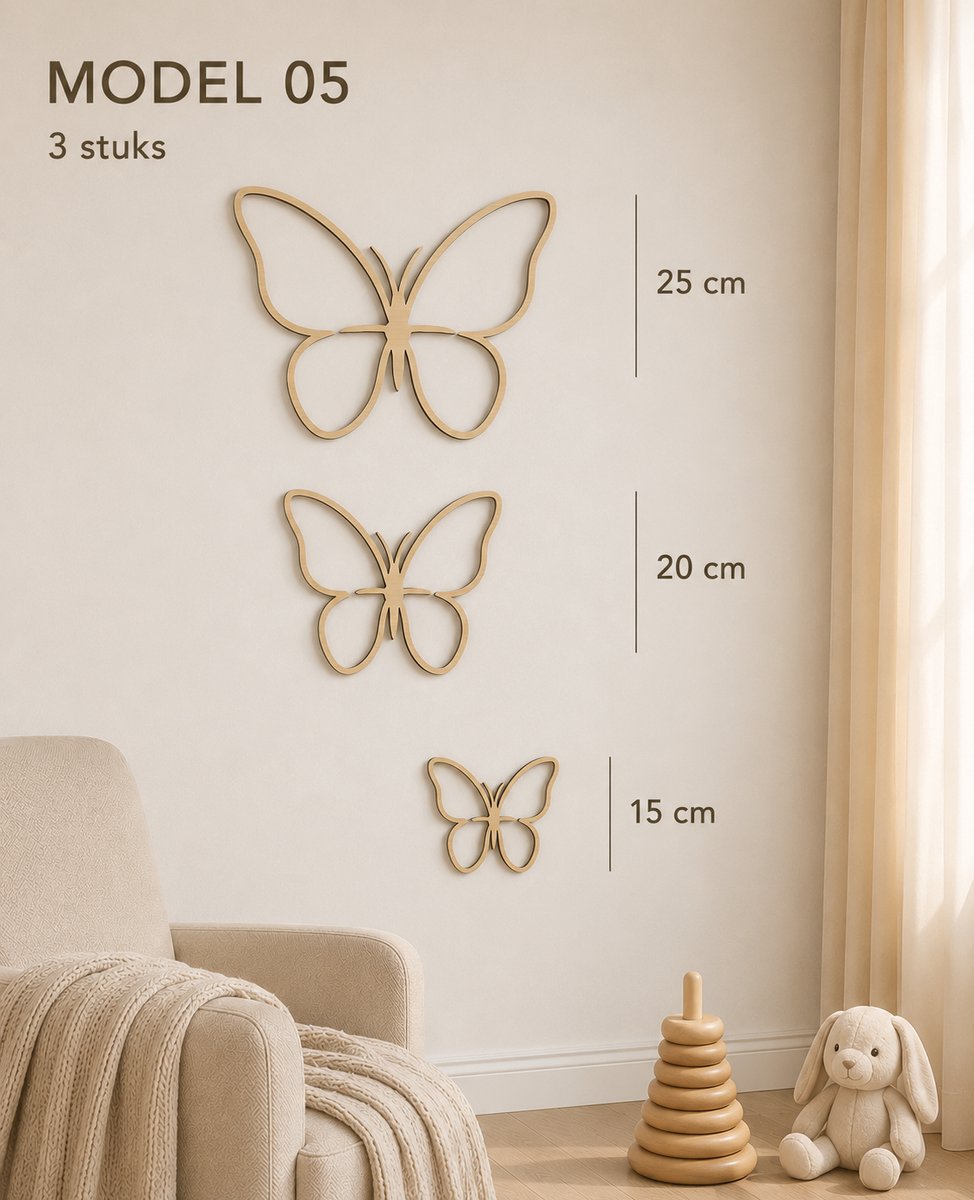 Houten Vlinder Wanddecoratie Babykamer – Set van 3 Vlinders – Scandinavische Kinderkamer Decoratie – Natuurlijk Berkenhout – 15, 20 en 25 cm