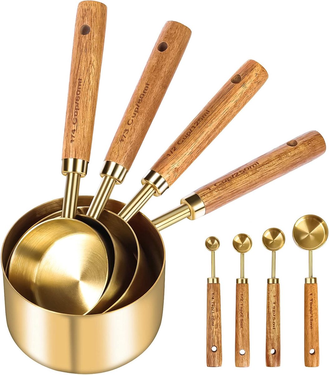 SnelShoppen - Meetbekers en Maatlepels Set van 8 Stuks, Houten Handvat, Premium RVS, Gouden Afwerking, Voor Koken en Bakken, Droge en Vloeibare Ingred