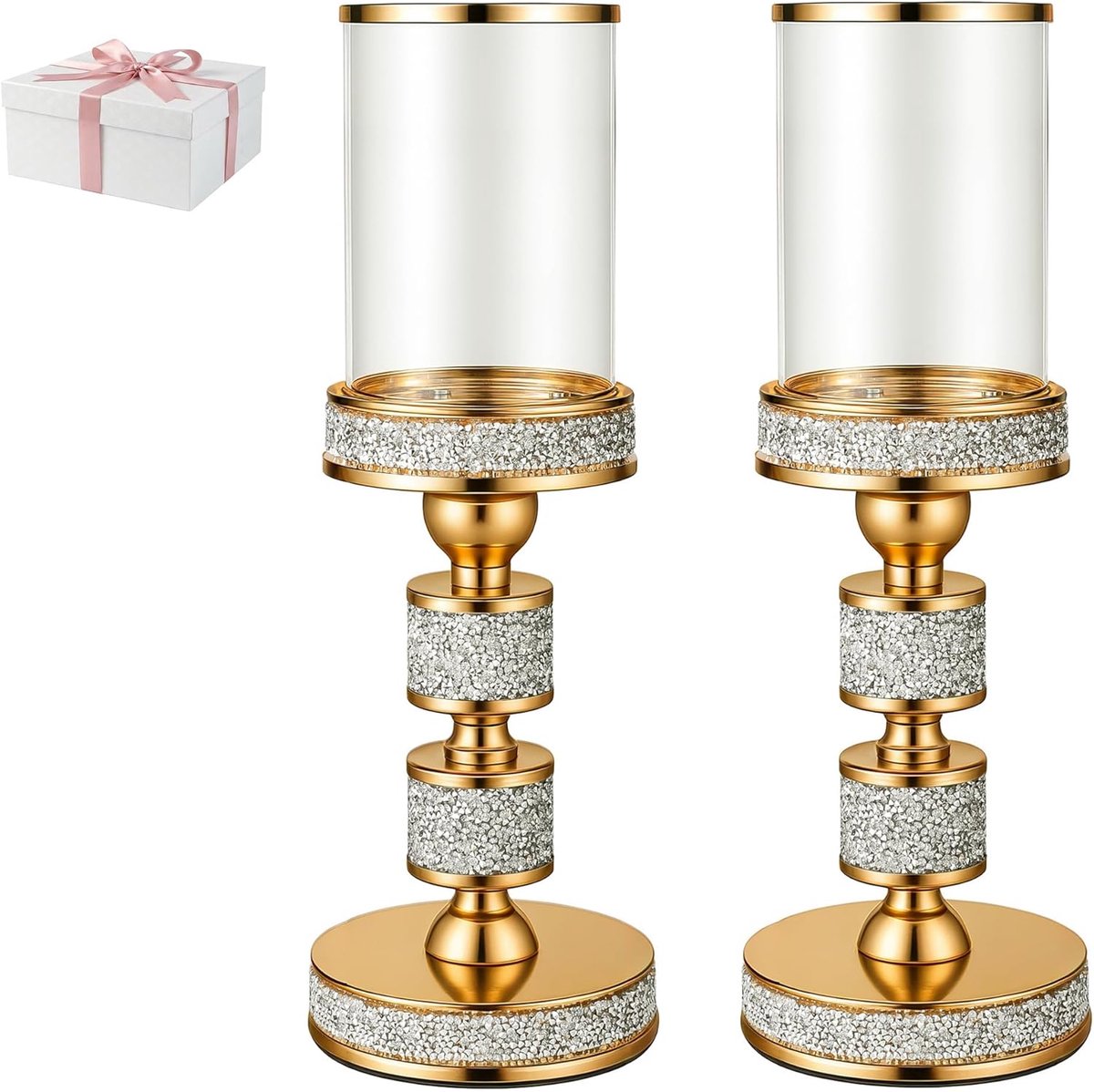 SnelShoppen - Stompkaarsenhouder met Glas - Windbestendig Orkaanhouders - Gouden Kristallen Kaarsenstandaard voor Tafelmiddelstukken - Luxe Huisdecora