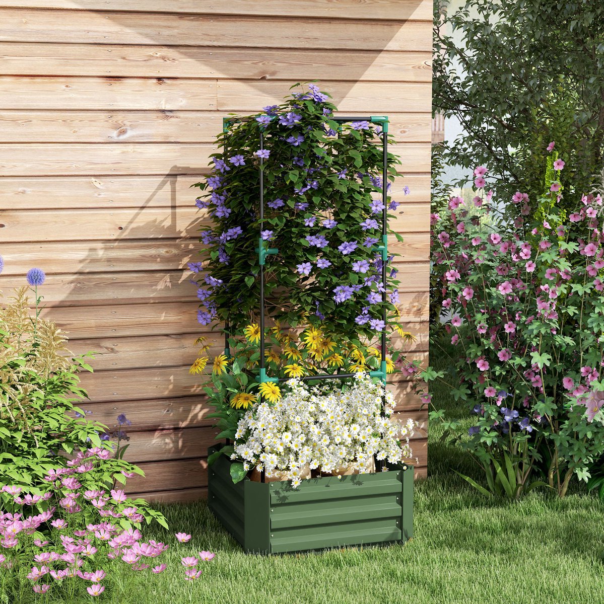 COVREO Moestuinbak 61 x 61 x 140 cm groen staal met rankhulp en open bodem voor drainage