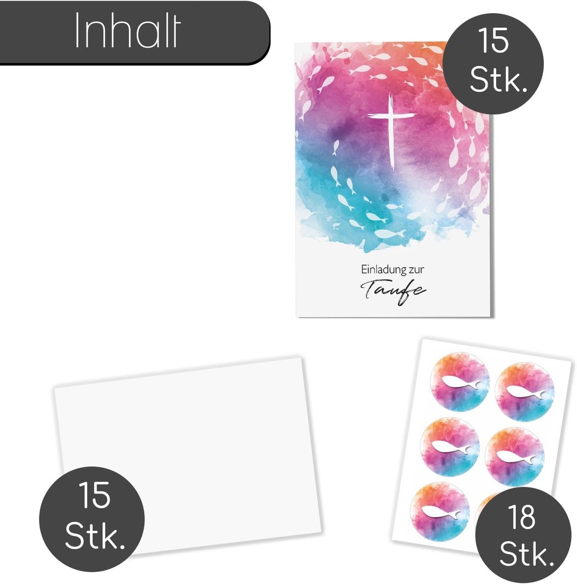 SnelShoppen - Set van 15 Christening Uitnodigingen Kaarten DIN A6 met Kleurvolle Kruis, Inclusief Enveloppen en Stickers voor Decoratie, 10.5 x 14.8 c