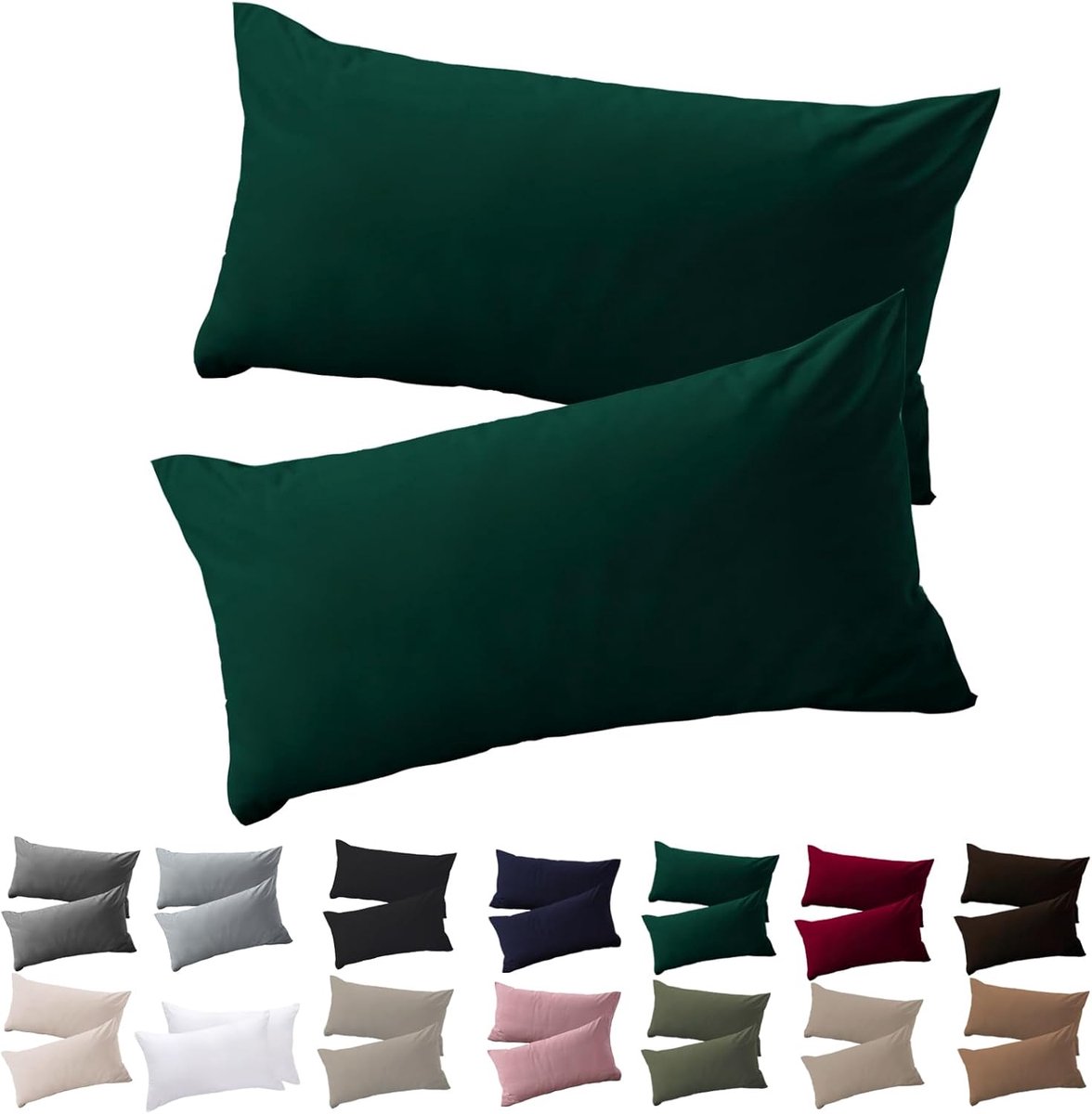 SnelShoppen - Kussensloop 40 x 80 cm set van 2, donkergroen, 100% microvezel, strijkvrij en kreukvrij met ritssluiting, ideaal voor hoofdkussens, slaa