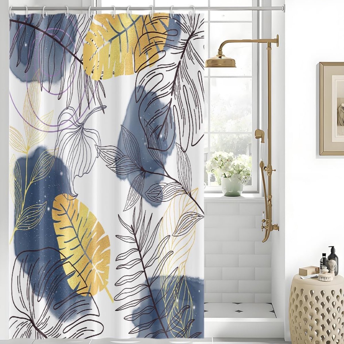 SnelShoppen - Douchegordijn 150 x 200 cm - Schimmelwerend, Waterdicht, Wasbaar - Blauw, Marineblauw, Boho-Stijl met Tropische Palmbladeren - Inclusief