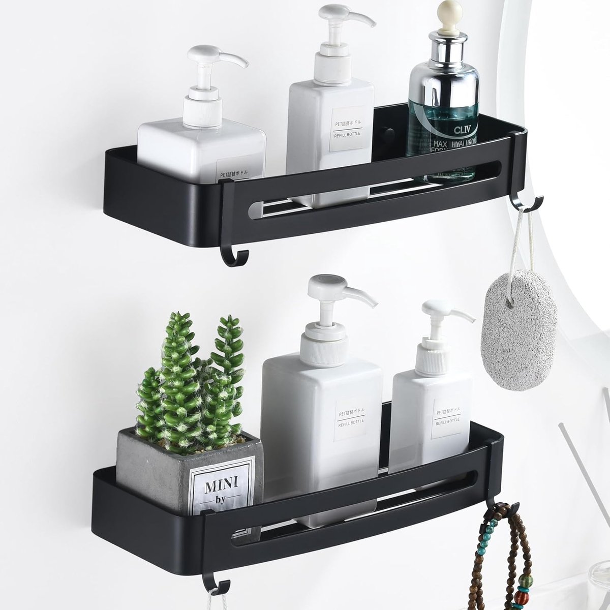 SnelShoppen - Douche Caddy Set van 2 - Zelfklevende Douche Plank - Geen Boren - Badkamer Wandplanken van Aluminium met 4 Haken - Ideaal voor Shampoo e
