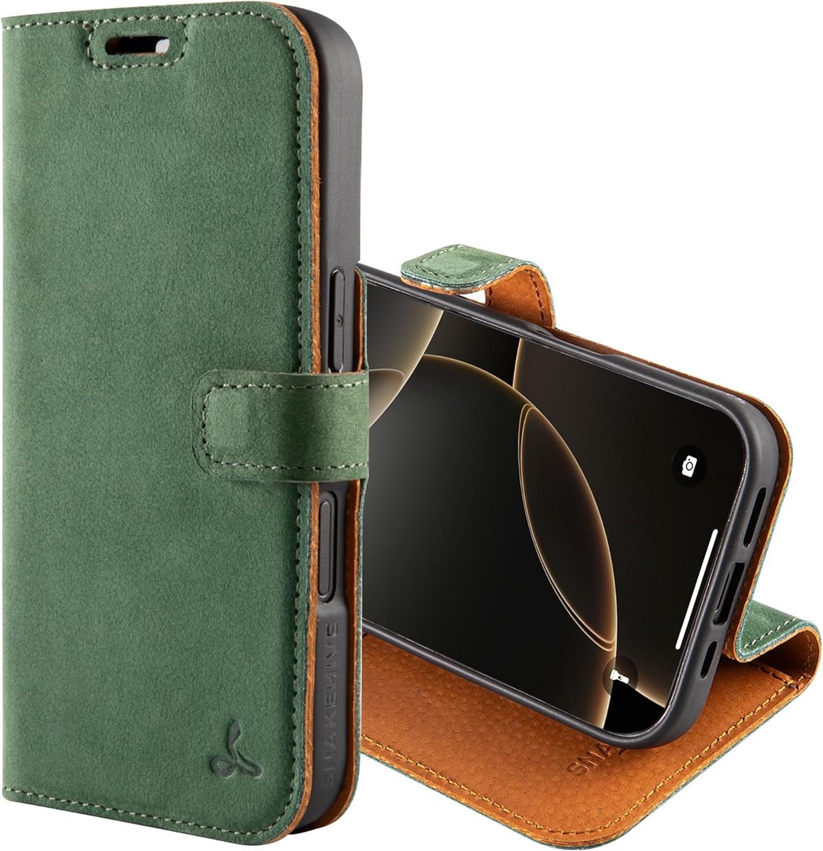 SnelShoppen - Snakehive Leer Hoesje voor iPhone 16 - Vintage Telefoon Case met Standfunctie en Kaartenhouder - Beschermende Handgemaakte Luxe Echt Lee