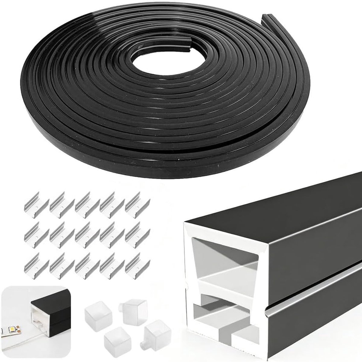SnelShoppen - Led-profiel Zwart 5m - Flexibele Siliconen Ledstrips 12x12mm IP65 Waterdicht - Inclusief Eindkappen en Montageclips - Doe-Het-Zelf Neonv