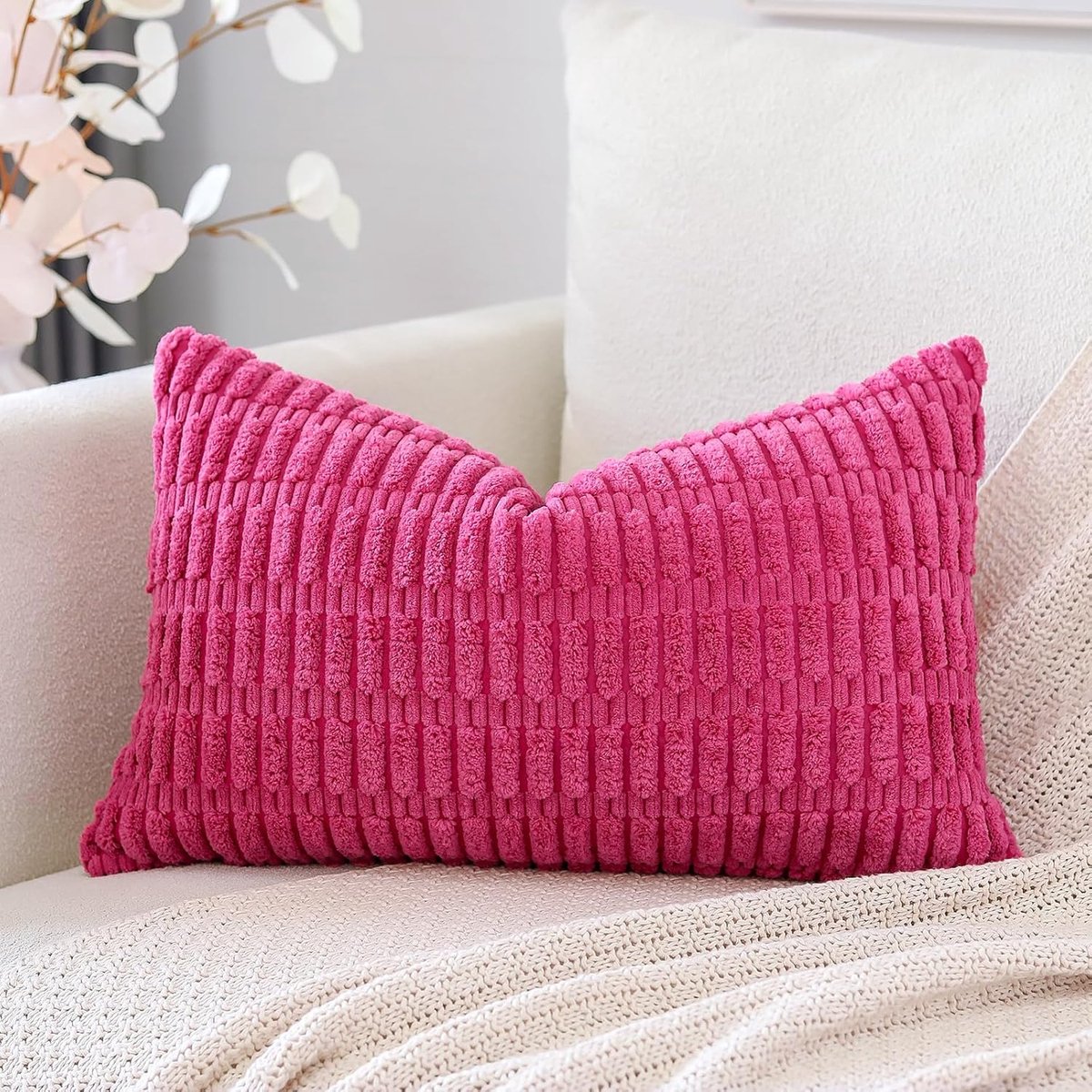 SnelShoppen - Boho Corduroy Kussenhoes 40 x 60 cm, Superzacht Lumbar Kussen, Decoratieve Striped Kussenhoezen voor Bank, Slaapkamer, Auto, Hot Pink
