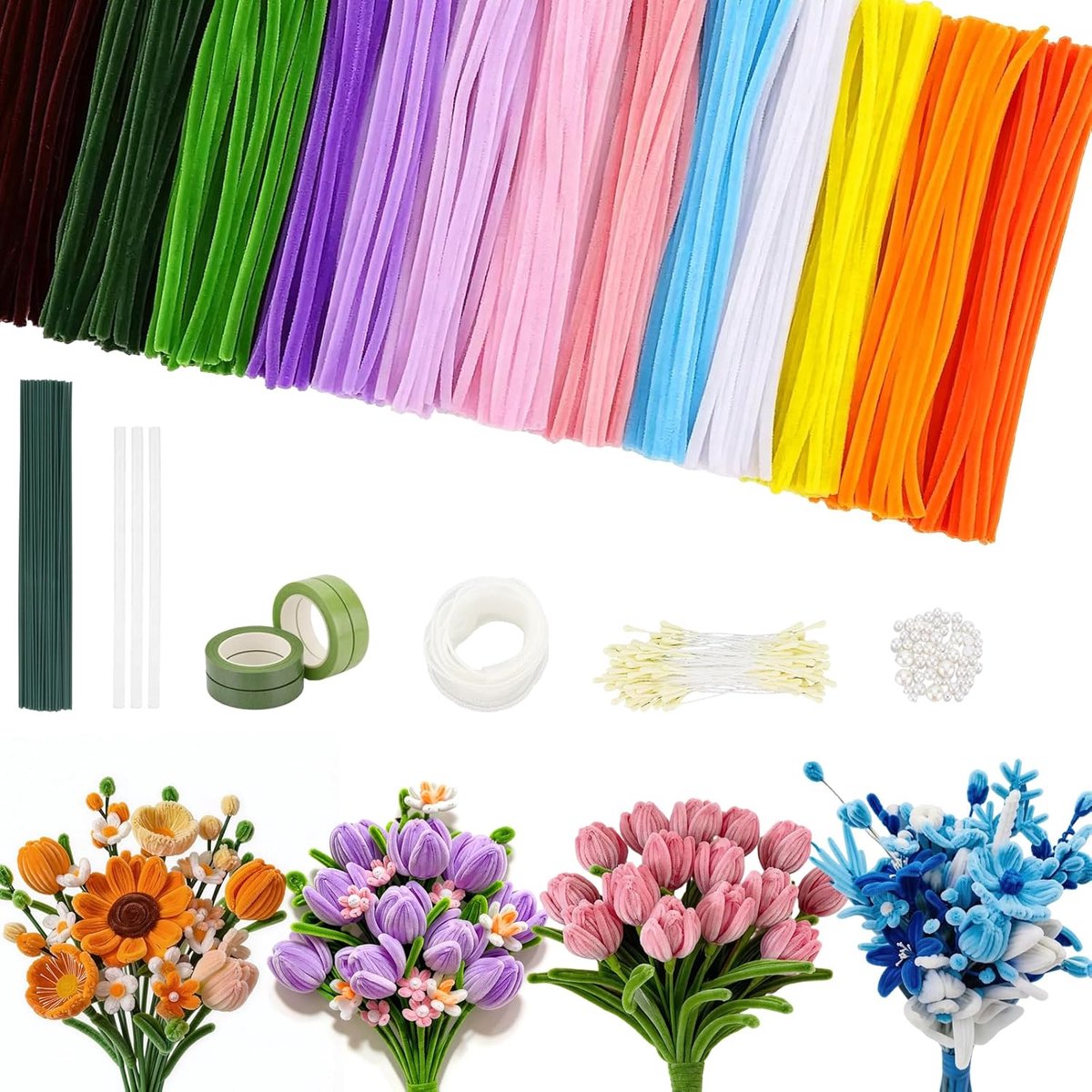 SnelShoppen - 800 Pijpenreinigers Bloemen Set met 13 Kleuren, 50 Bloemstelen, Cadeaulint en Plakband voor Knutselen, Ideaal voor Valentijnsdag, Kerst