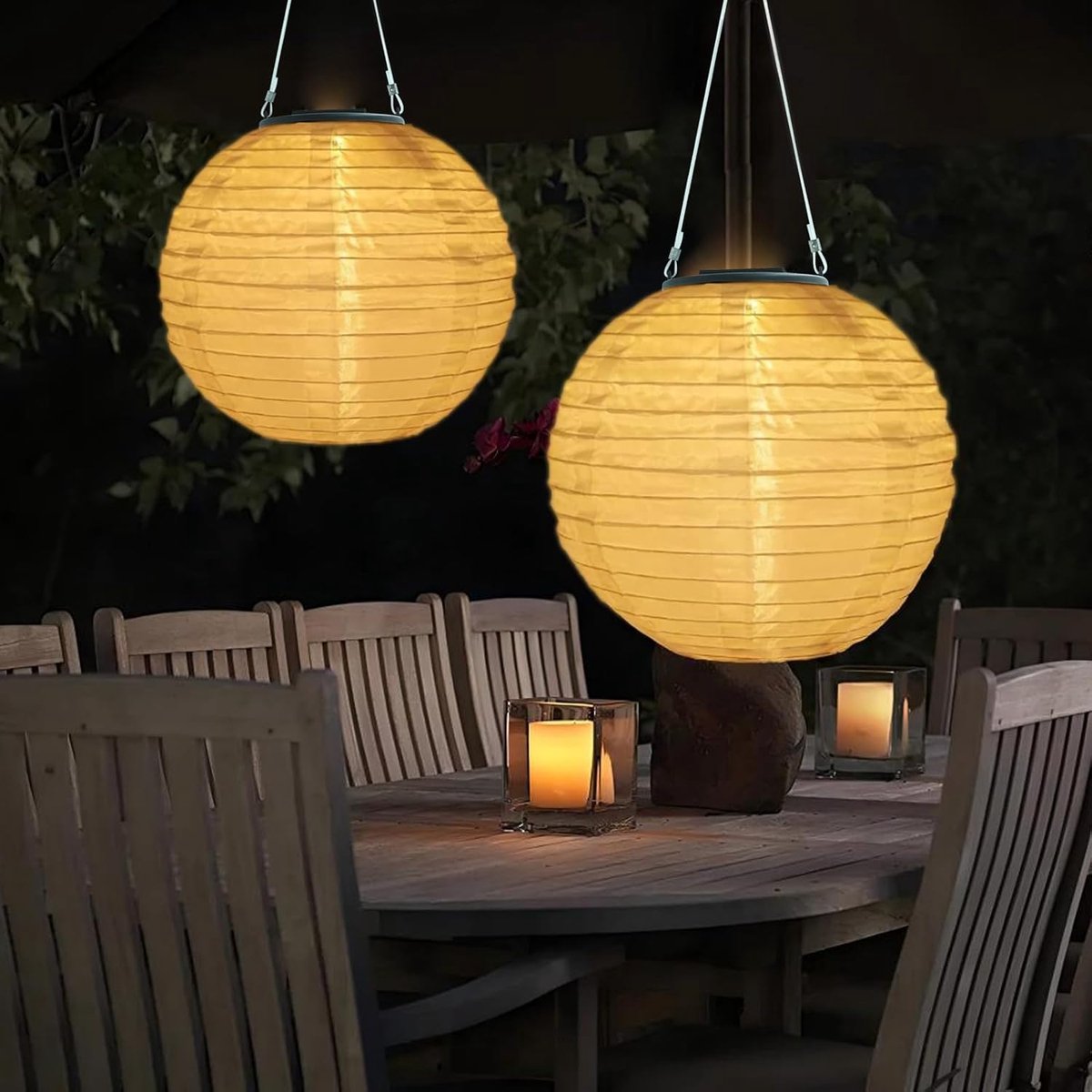 Thijox - Auting lampionen op zonne-energie 2 stuks, 20 cm, warmwit, weerbestendig nylon voor tuin, terras, bruiloft en feestdecoratie