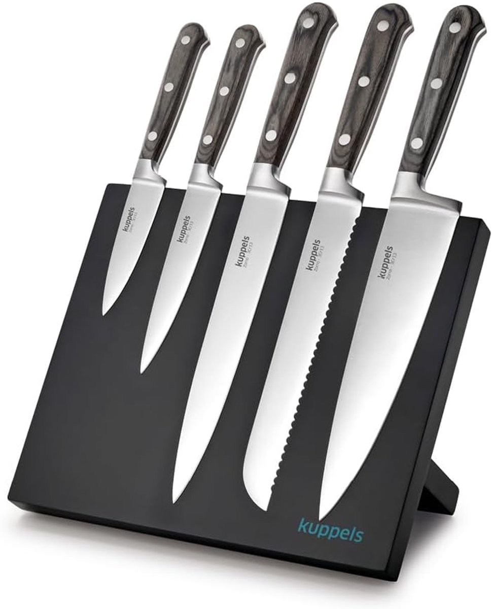 SnelShoppen - Magnetic Knife Block Set - 5-delige Messenset met Zwart Houten Blok - Professionele Keukenmessen voor Snijden van Vlees, Groenten en Bro