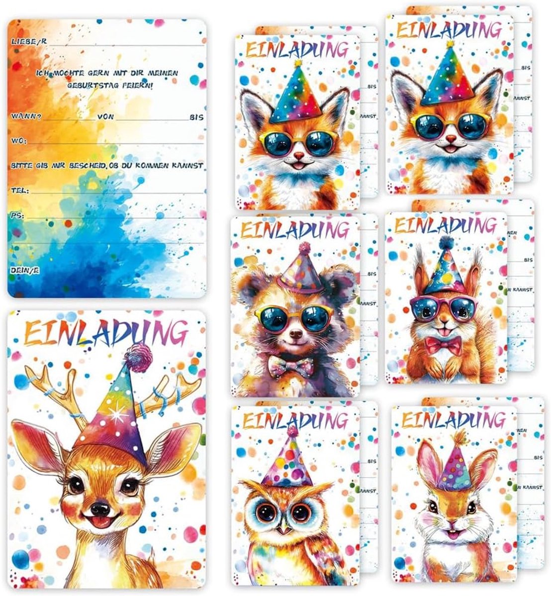 SnelShoppen - 12 Uitnodigingskaarten Kinderverjaardag met Glitter Dieren Thema voor Jongens en Meisjes - Perfecte Verjaardagsuitnodigingen voor Feestj