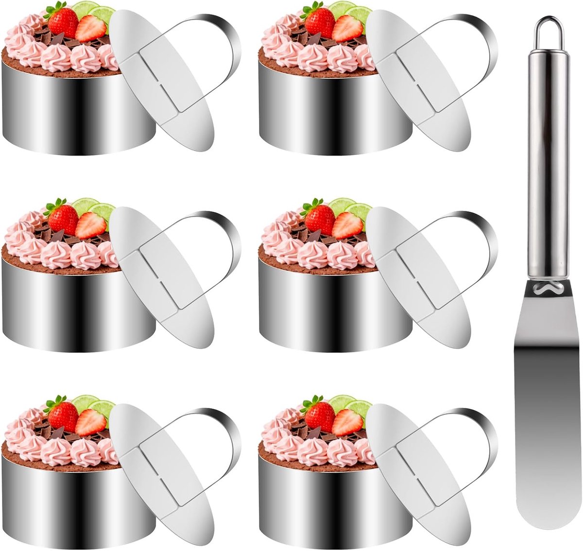 SnelShoppen - 6-delige Dessert Ringen en Serveerring Set, RVS Bakringen voor Taarten, Diameter 7.5 cm, Hoogte 4 cm, Inclusief Spatel en Taartschep, Pe