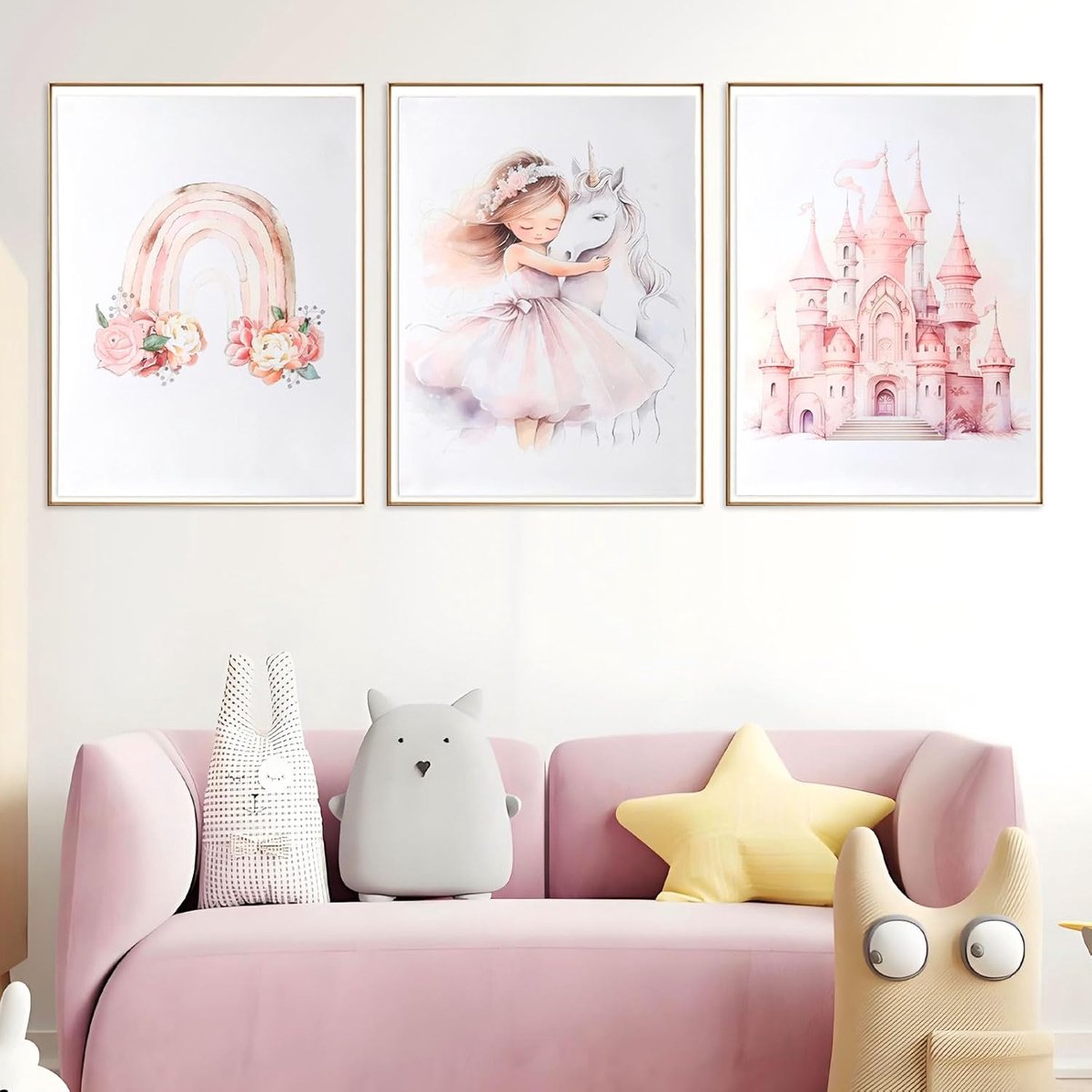 SnelShoppen - 3-delige Muurdecoratie Posters voor Kinderen, Roze Wanddecoratie met Prinses, Eenhoorn en Kasteel, 30 x 40 cm, Canvas, Ideaal voor Meisj