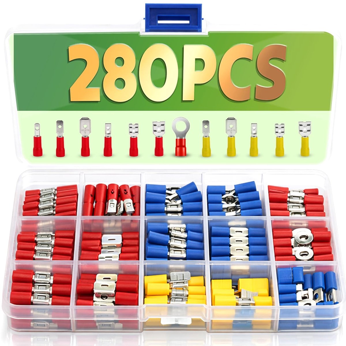 SnelShoppen - 280-delige set kabelschoenen, elektrische connectors met soldeerverbinding, vlakke stekker-sleeves en vorkkabelschoenen, assorti crimp c