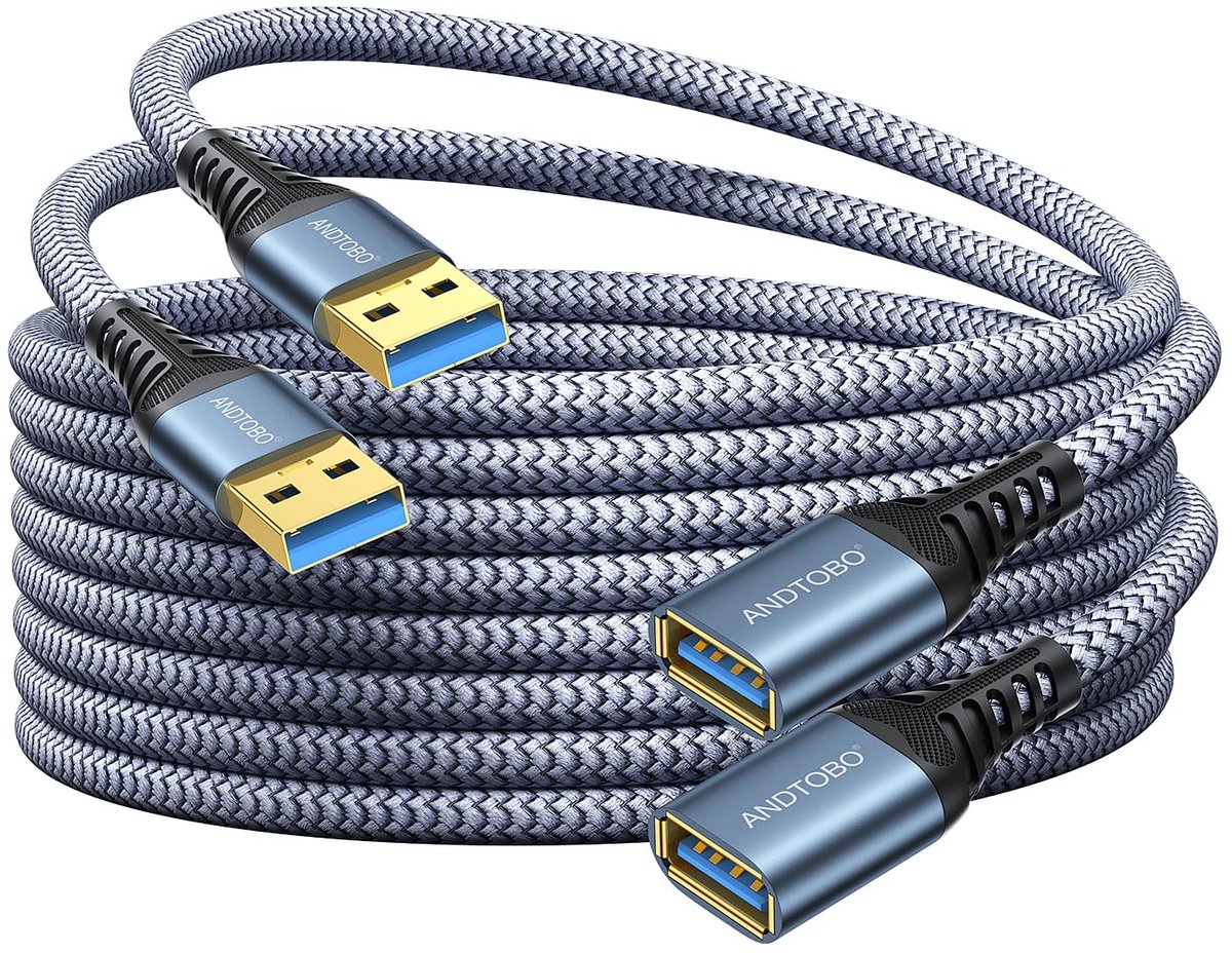 SnelShoppen - Pack van 2 USB 3.0 Verlengkabel 3m, Type A Plug, Hoge Snelheid Gegevensoverdracht 5Gbps, Ideaal voor Gamepad, Printer, Webcam, Keyboard,