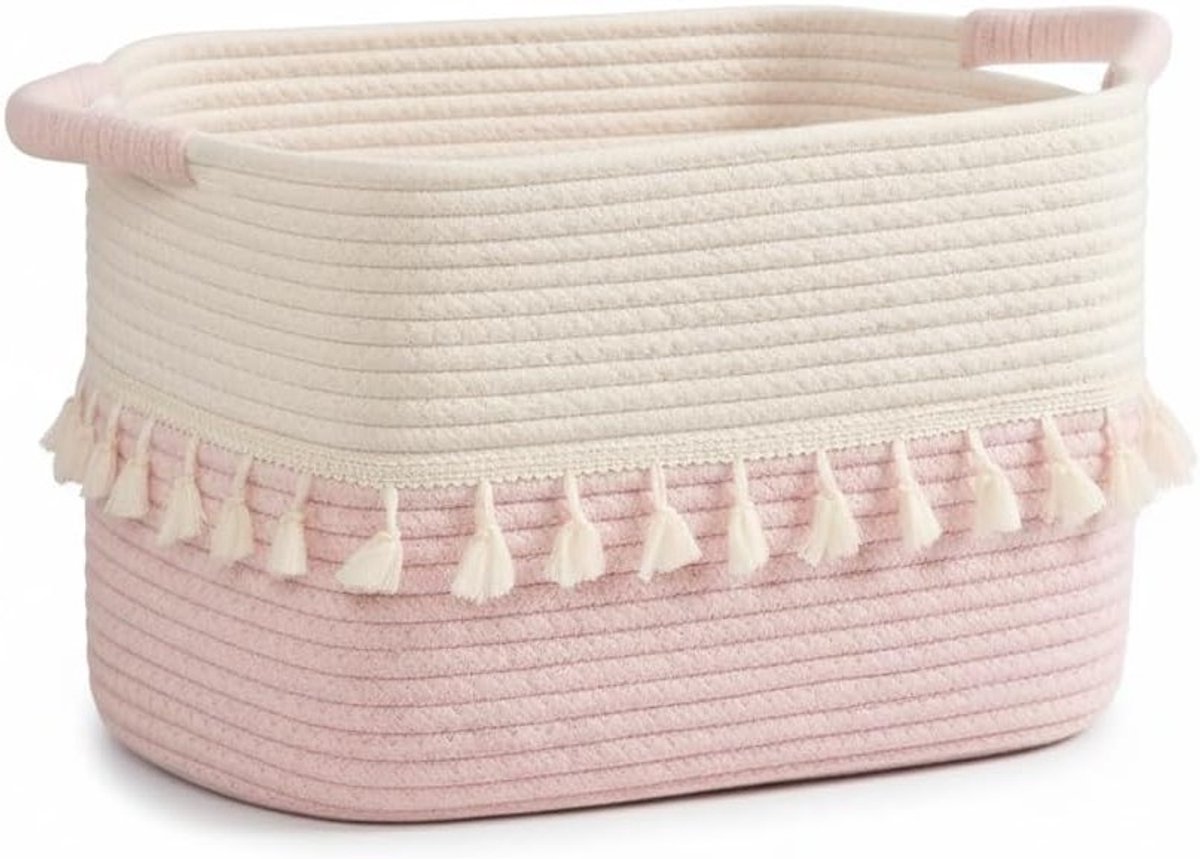 Opbergmand met Handvatten, Gevlochten Design voor Wasgoed, Dekens en Speelgoed, Decoratieve Mand voor Woonkamer, Slaapkamer en Badkamer, Wit en Roze