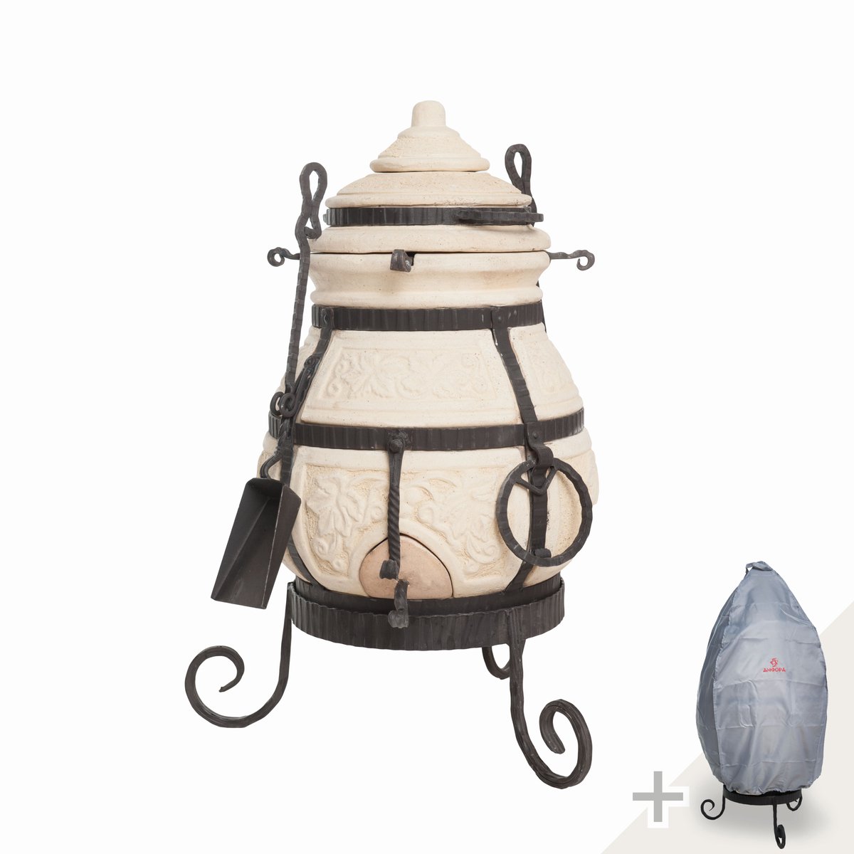 Tandoor Nomade – Keramische houtgestookte buitenoven voor vlees, brood, naan en pizza – Met 8 XL-spiesen & accessoires – 5 cm dikke wanden voor perfecte warmteopslag – 63 cm – 53 kg *** Met beschermhoes en onderstel