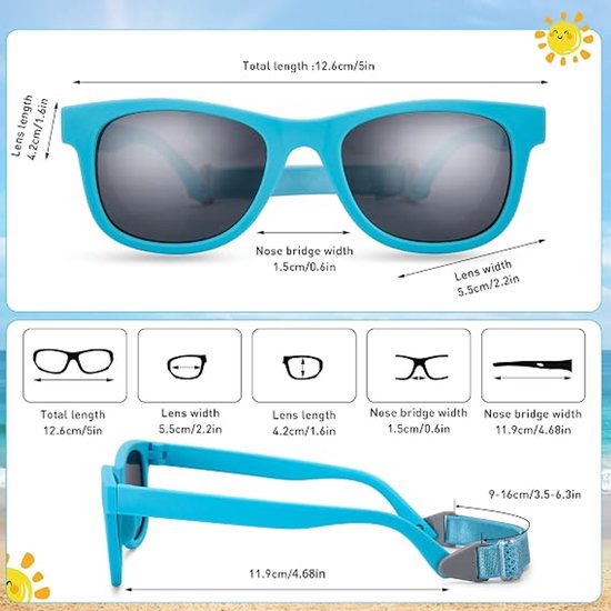 2 stuks - Kinder Zonnebril - UV400-bescherming - Gepolariseerde lens - Flexibele lens - Elastische band - Zonnebril Kind - Geschikt voor kinderen van 2 tot 7 jaar - Zwart, blauw — afbeelding 5
