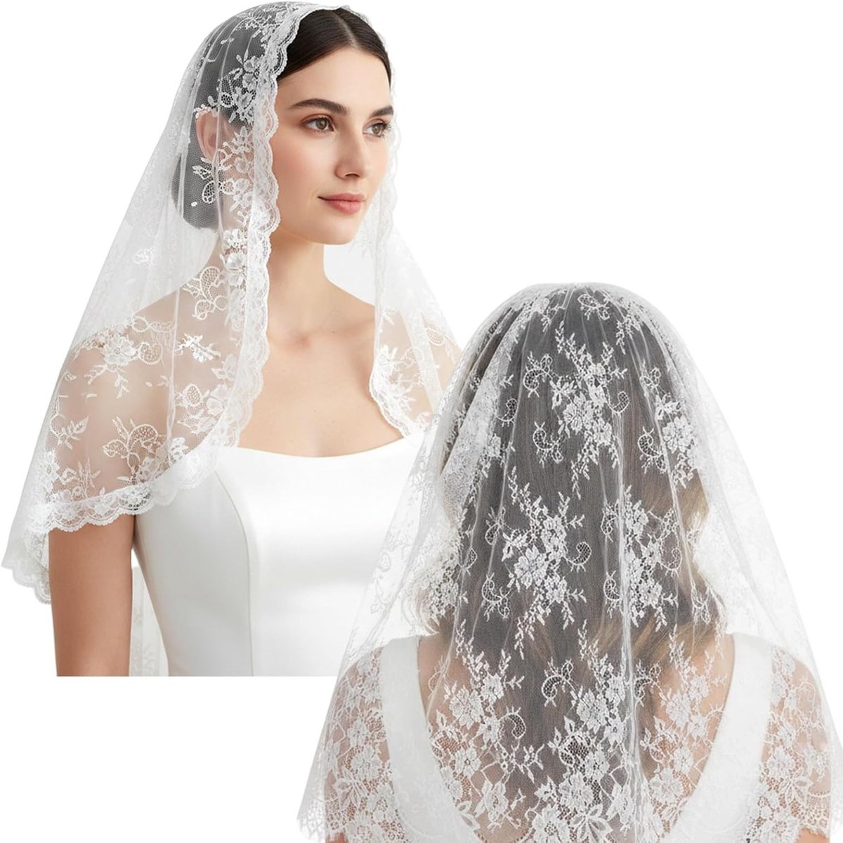Elegante en romantische kant sluier met bloemen voor bruiloften, perfecte kapel sluier voor de grote dag