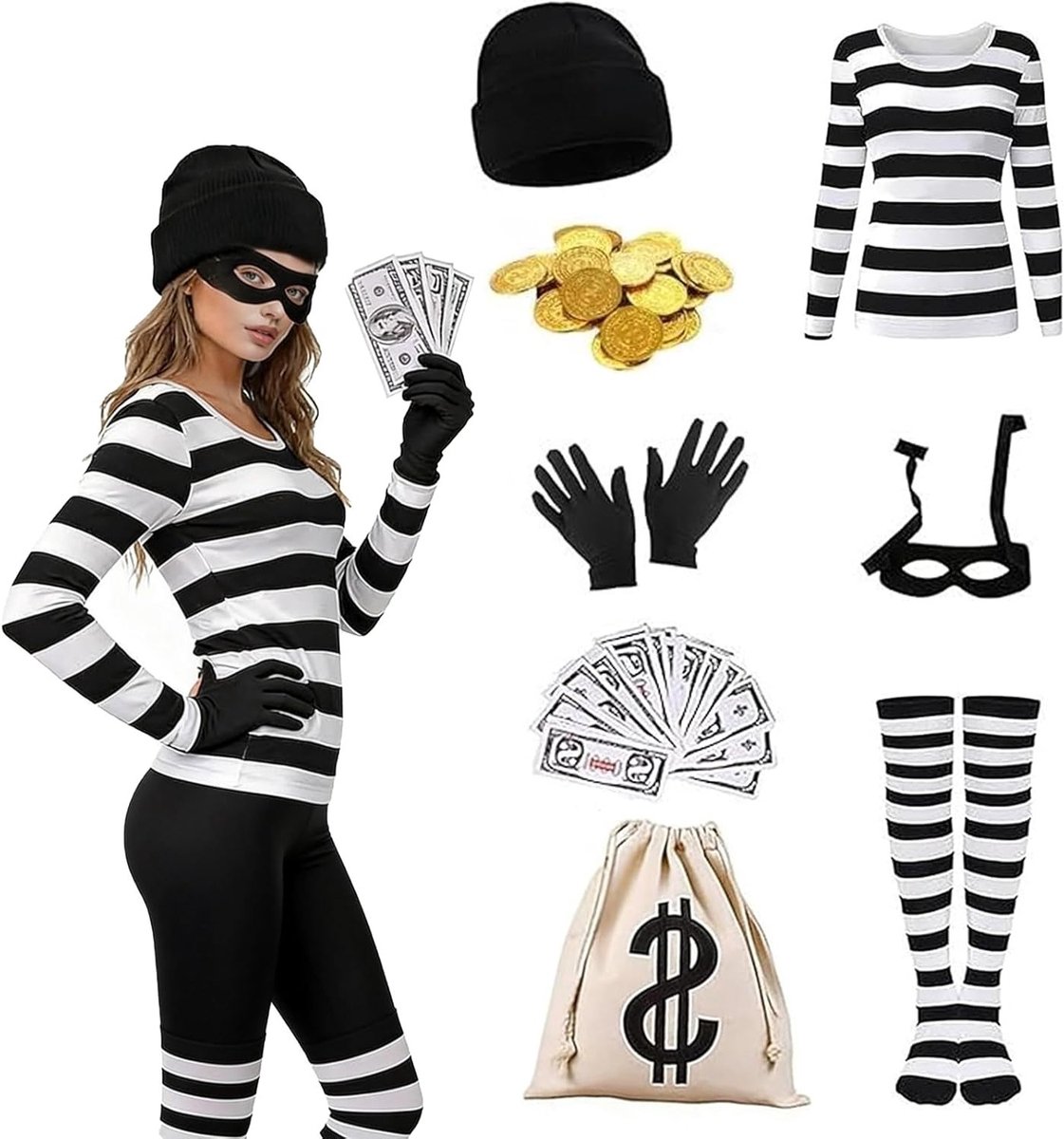 Halloween kostuumset voor dames, 9-delige inbreker en politie outfit, perfect voor carnaval en cosplay evenementen