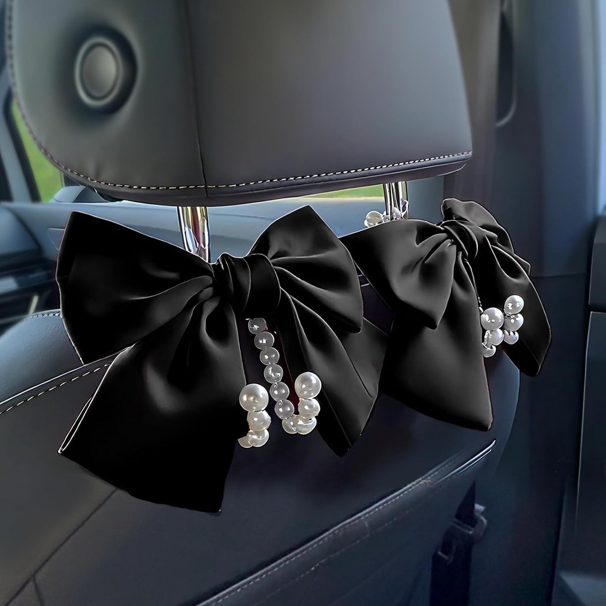 2 Stuks Autostoel Hoofdsteunhaak met Strik en Parel - Schattige Handtas Haak voor Auto - Elegant Interieur Organizer - Zwart