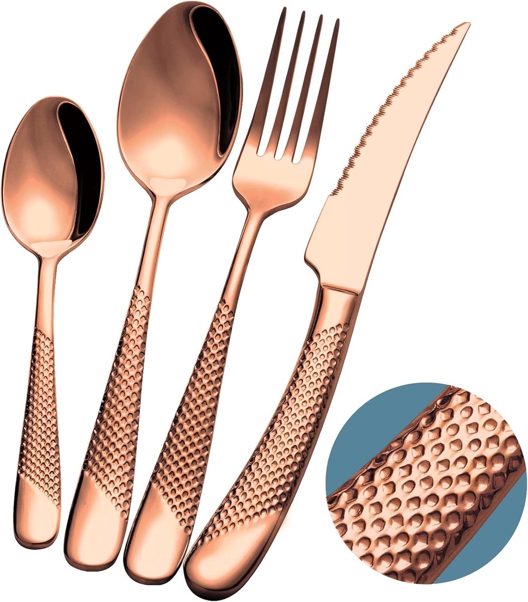 SnelShoppen - 24-delig Modern Koperen Gesmeed Bestek Set met Ultra-Scherpe 2-in-1 Tandenmes, 18/10 RVS Zilverwerk, Roze Gouden Bestekset voor 6 Person