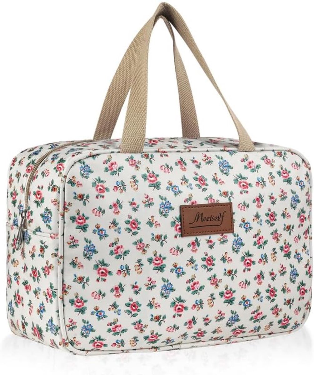 SnelShoppen - Grote Toilettas voor Vrouwen, Waterdichte Makeup Bag met Handvat, Ideaal voor Camping en Reizen, Bloemenprint Cosmetica Tas 30x21x12cm
