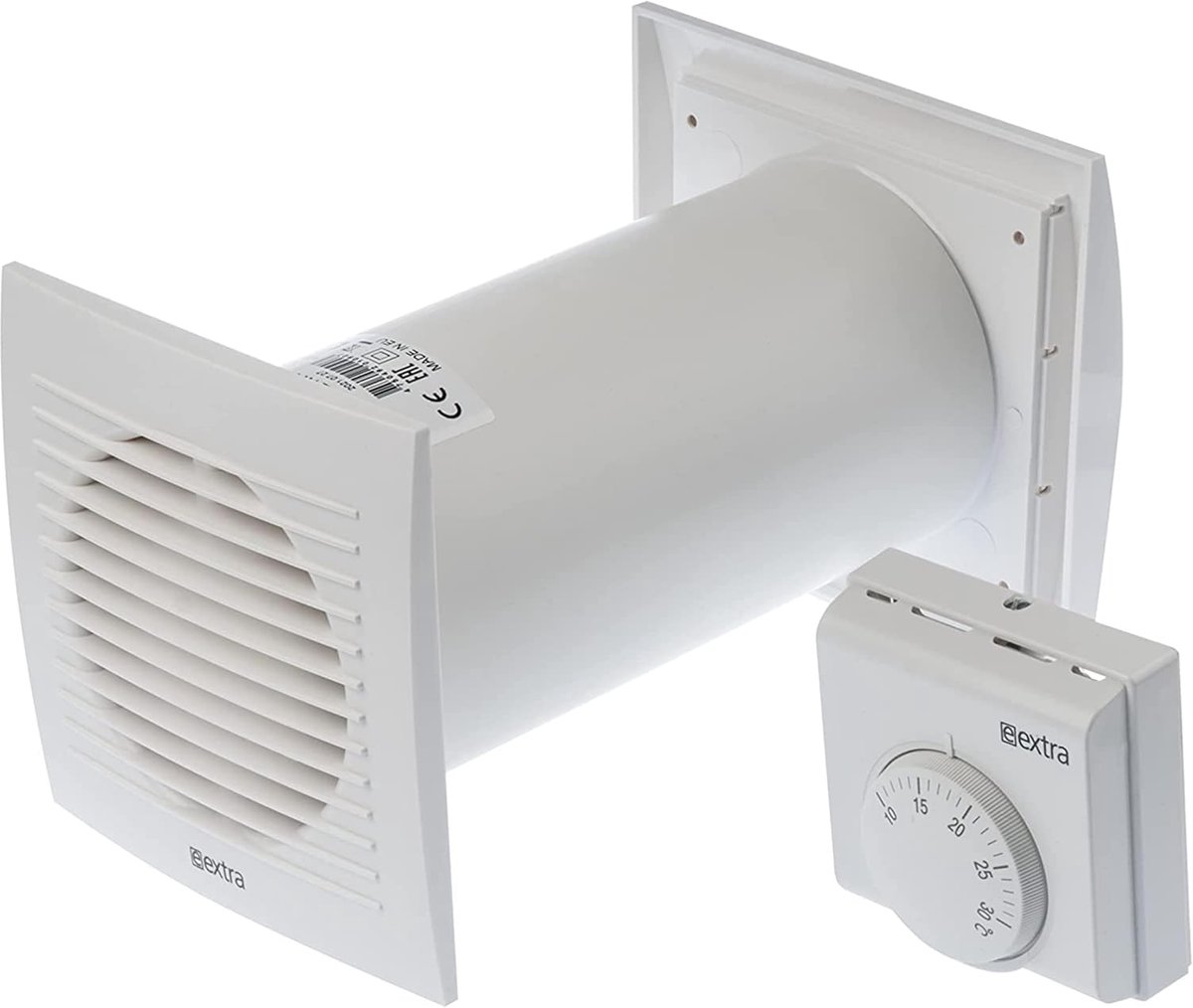 SnelShoppen - Heat Distributor met Thermostaat Ø 125 mm, Witte Ventilator, Warmtewisselaar voor Wandmontage, Geluidsarm, Ideaal voor Thuis of Kantoor