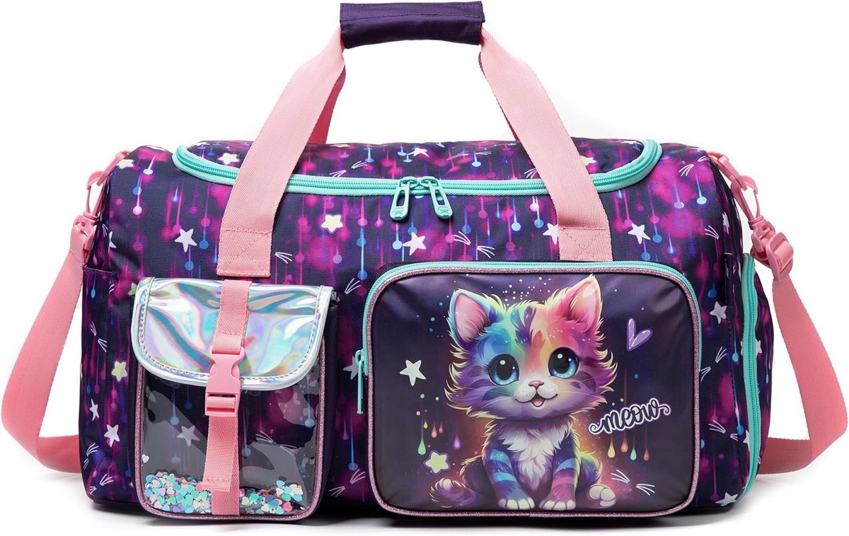 SnelShoppen - Multifunctionele Tas voor Zwembad, Reistas voor Meisjes, Sporttas, Fitness, Weekender, Met Schoenenvak, Donkerpaars, Kat Motief