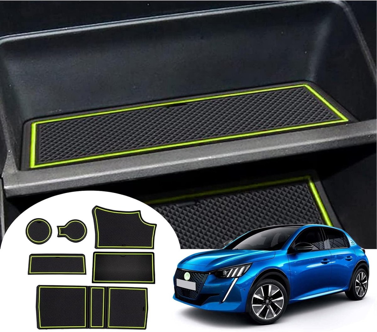 SnelShoppen - Anti-slip Matten voor Peugeot 208 e-208 en 2008 e-2008 - Rubber Center Console, Armsteun, Bekers, Deur Seam Matten - Geel Groen 1 - Gesc
