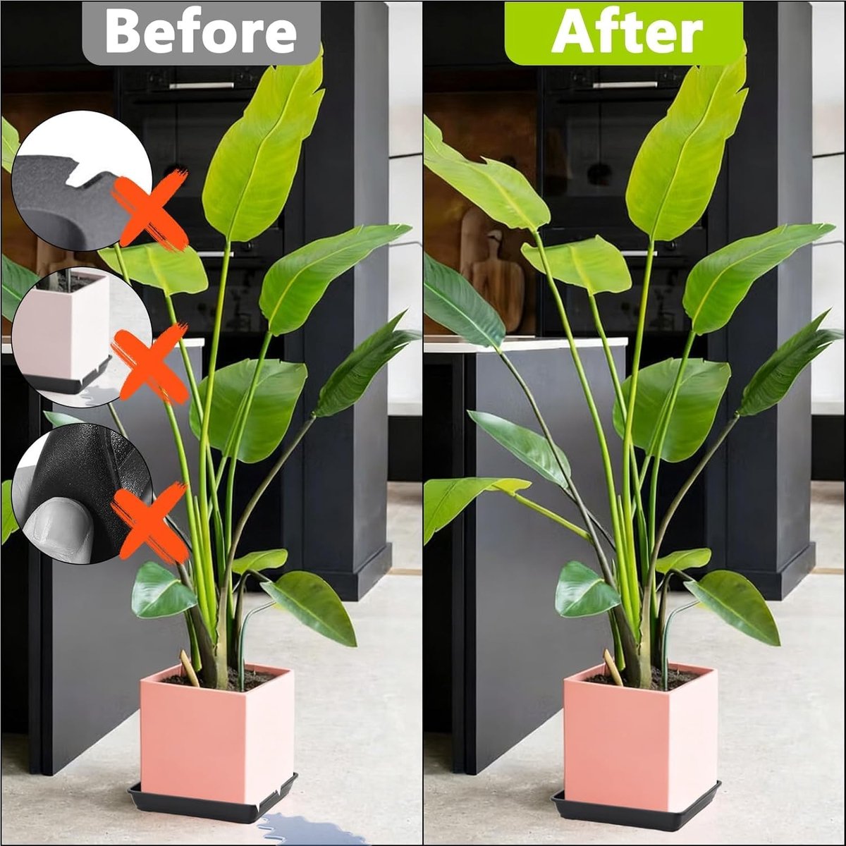 SnelShoppen - Set van 4 Bloempot Onderzetters, Vierkant, 35 x 35 cm, Plastic Coasters voor Binnen en Buiten, Zwart, Planten Onderzetters, Tuin, Keuken