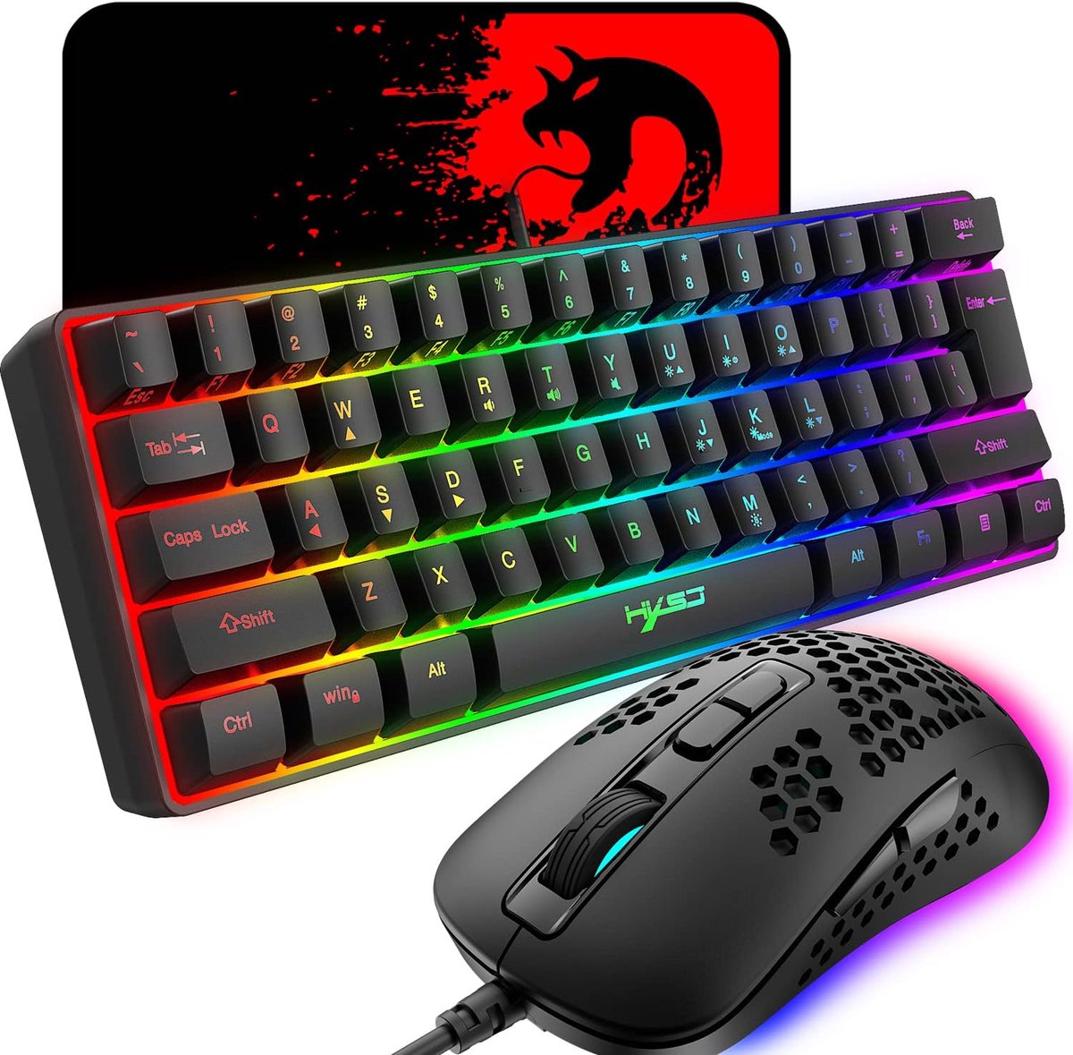 SnelShoppen - 60% Compact Gaming Toetsenbord met 61 Toetsen, 11 RGB Achtergrond Effecten, Anti-Ghosting + Lichtgewicht Gaming Muis 2400dpi en Muismat