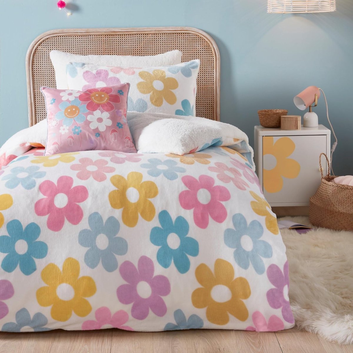 SnelShoppen - Floral Duvet Cover Set - Dubbel Bedlaken (200 x 200 cm) - Zacht Fleece Dekbedovertrek - Retro Bloemenprint - Perfect voor Meiden