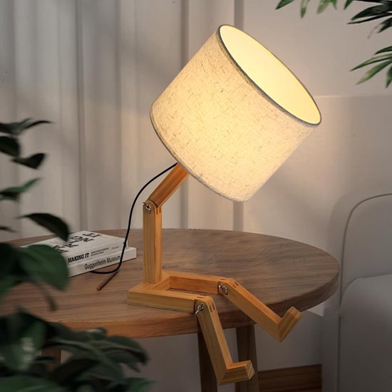 KZQ Schattige bureau- en leeslamp met houten basis - Veranderbare robotvorm - Linnen kap - Perfect voor slaapkamer kinderkamer en woonkamer - Creatief en functioneel ontwerp van KZQ — afbeelding 4