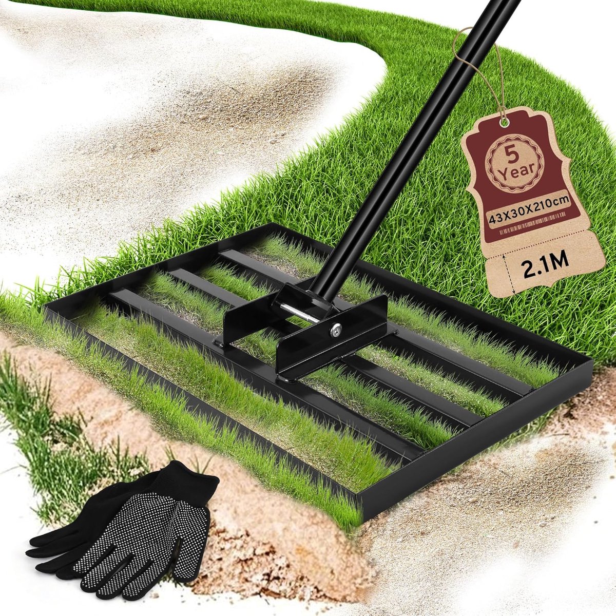 SnelShoppen - Heavy Duty Lawn Leveling Rake 43 x 30 cm - Grond en Zand Verspreider met Verstelbare 210 cm Handgreep - Tuin, Golfbaan en Gras Zorg Tool