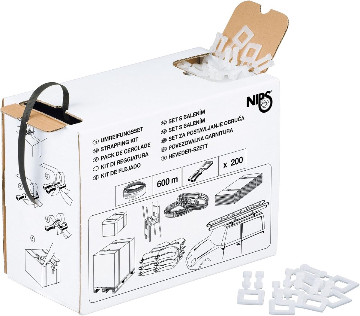 SnelShoppen - Complete Set PP Strapping Tape 600m + 200 Plastic Clamps - Ideaal voor Verpakken, Opslag, Tuin, Camping en Beveiliging