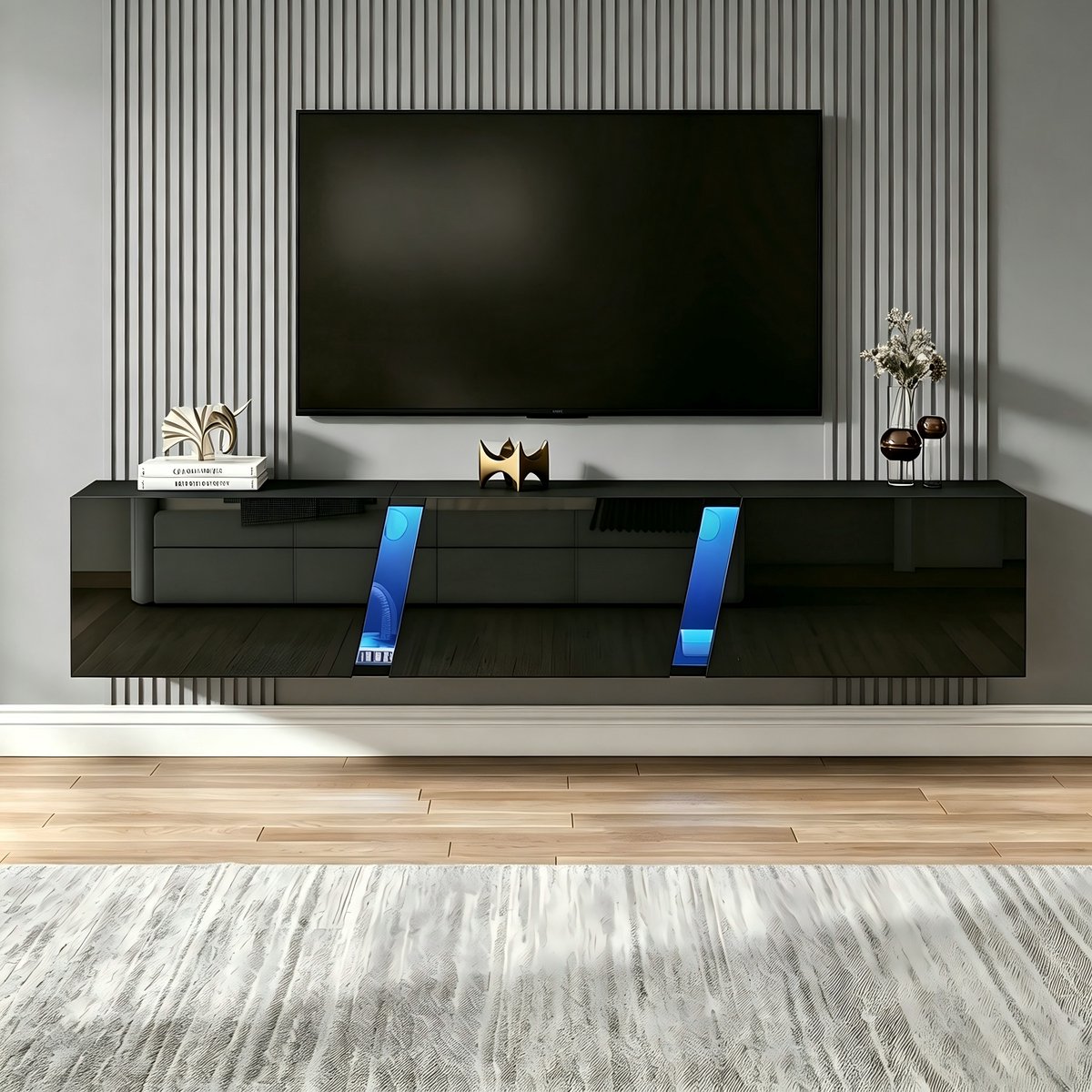 Clruro Tv-meubel - 180 × 35 × 30 cm - Wandmodel - met App-LED - Spaanplaat - Zwart