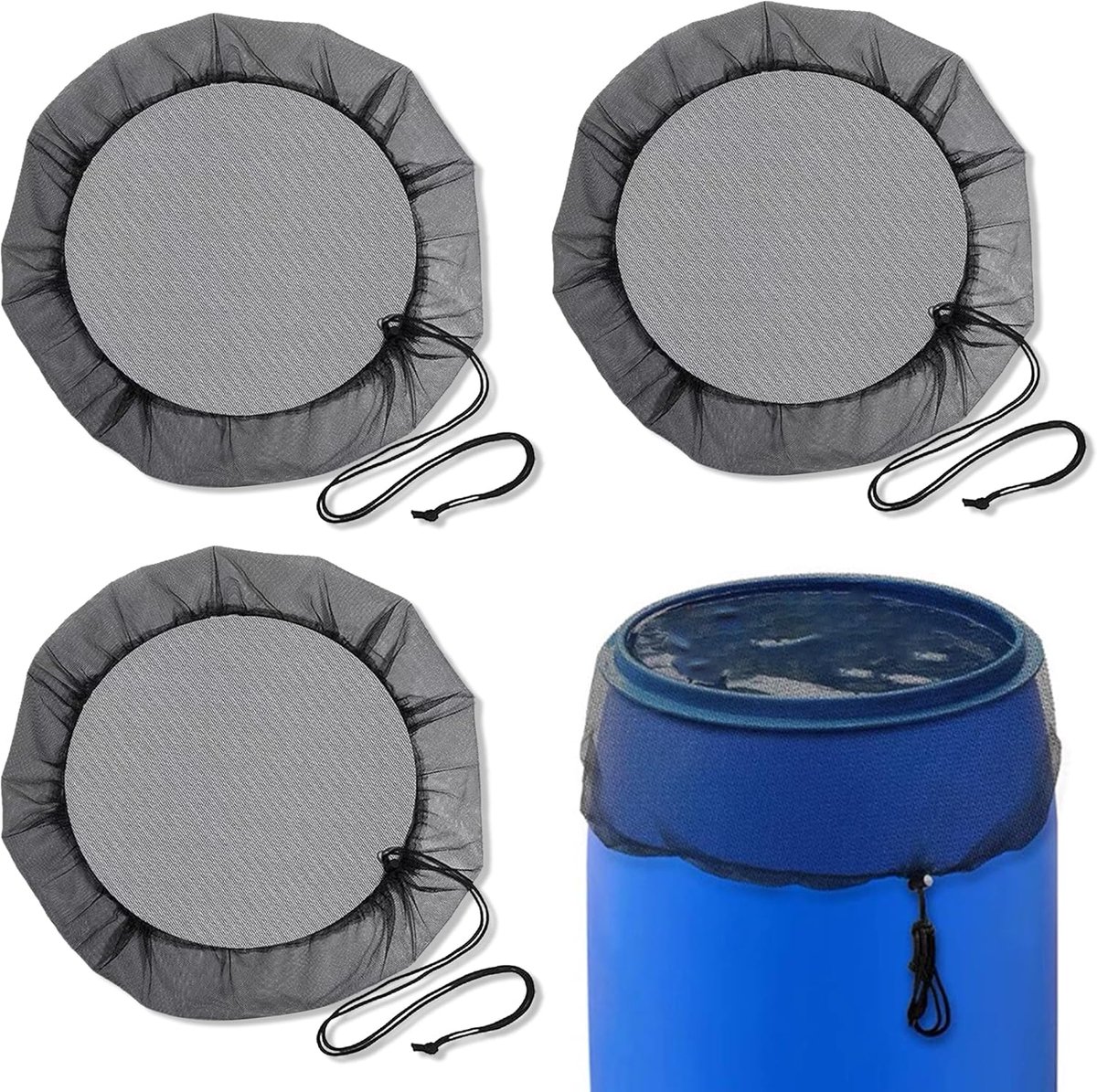 SnelShoppen - 3 Stuks Regentonnet 80cm - Beschermnet voor Regenton met Trekkoord - Verstelbare Regenton Cover tegen Bladeren - Polyester Mesh - Tuinac