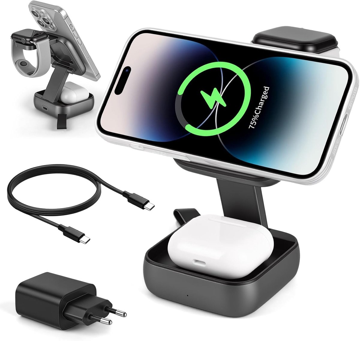 SnelShoppen - 3-in-1 Draadloze Oplader, Opvouwbaar Oplaadstation voor iPhone 12-17, Apple Watch Ultra/SE en AirPods, Grijs, Magnetisch, Voor Thuis en