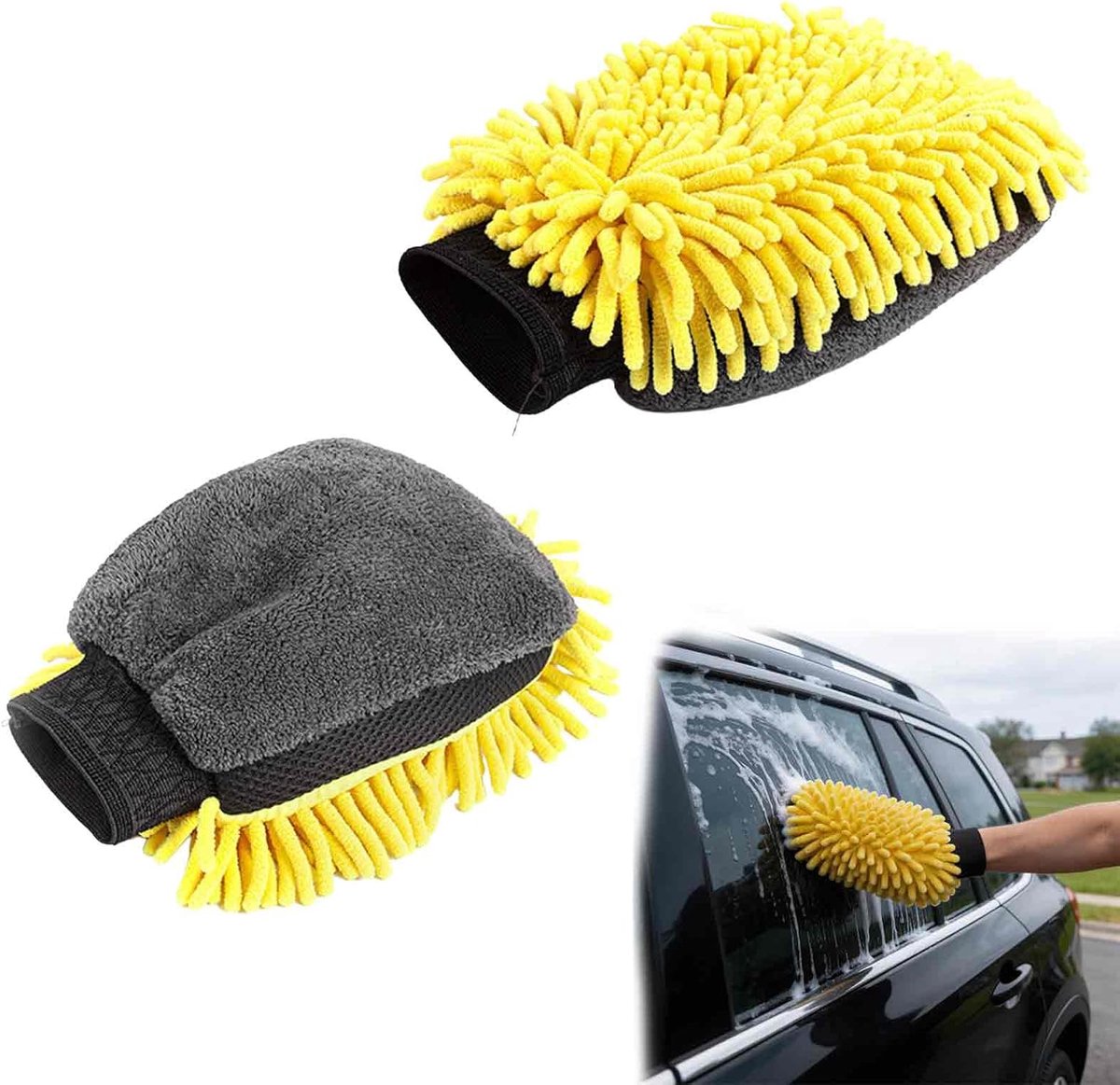 SnelShoppen - Microfibre Auto Was Handschoenen Set 2 Stuks - Chenille Wasdoeken Geel - Zacht, Absorberend en Krassenvrij voor Auto Onderhoud en Detail