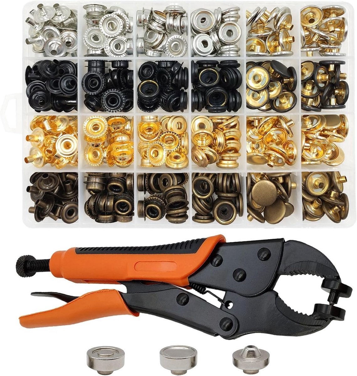 Complete set met 100 metalen drukknopen en tang voor textiel en andere toepassingen