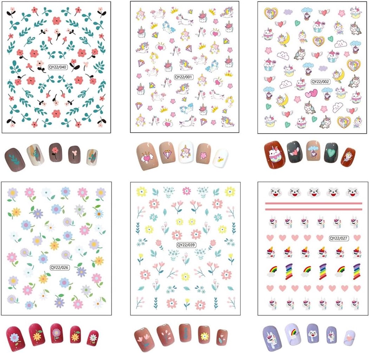 SnelShoppen - 6 Vellen Zelfklevende Nagelstickers voor Kinderen - Schattige Eenhoorn, Bloemen, Regenboog en Fruit - Perfecte Nageldesign Accessoires v