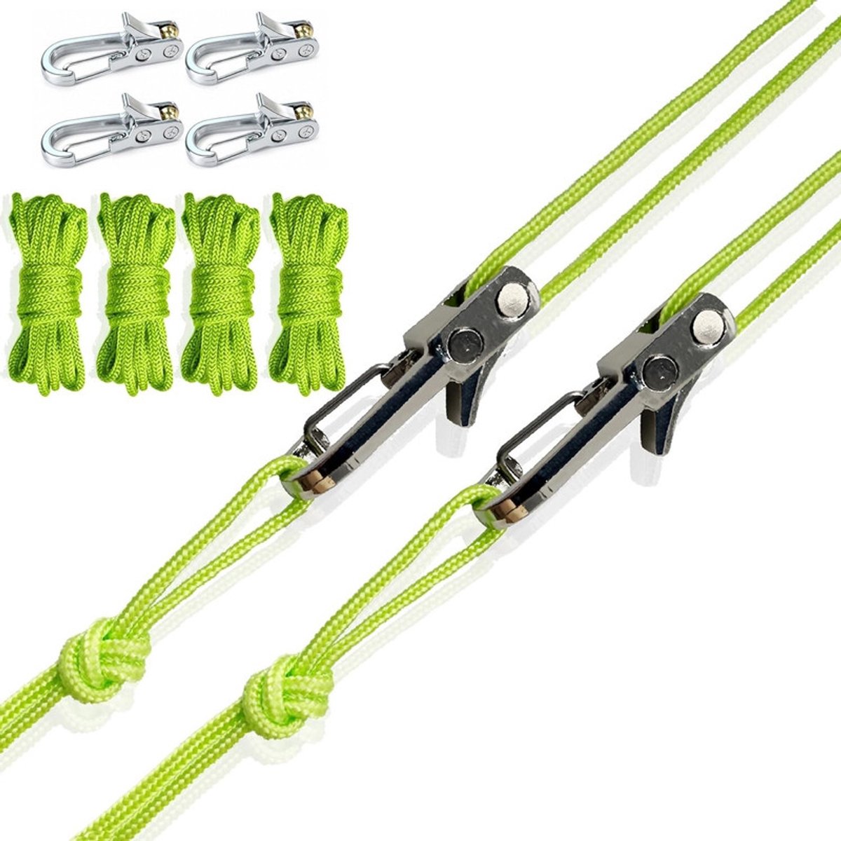 Touwspanners voor buiten: Intrekbare touwen met gespen van legering - ontworpen voor outdoorliefhebbers, ideaal voor het opzetten van tenten, het vastzetten van regenzeilen, het ophangen van hangmatten en het vastzetten van outdooruitrusting - Groen