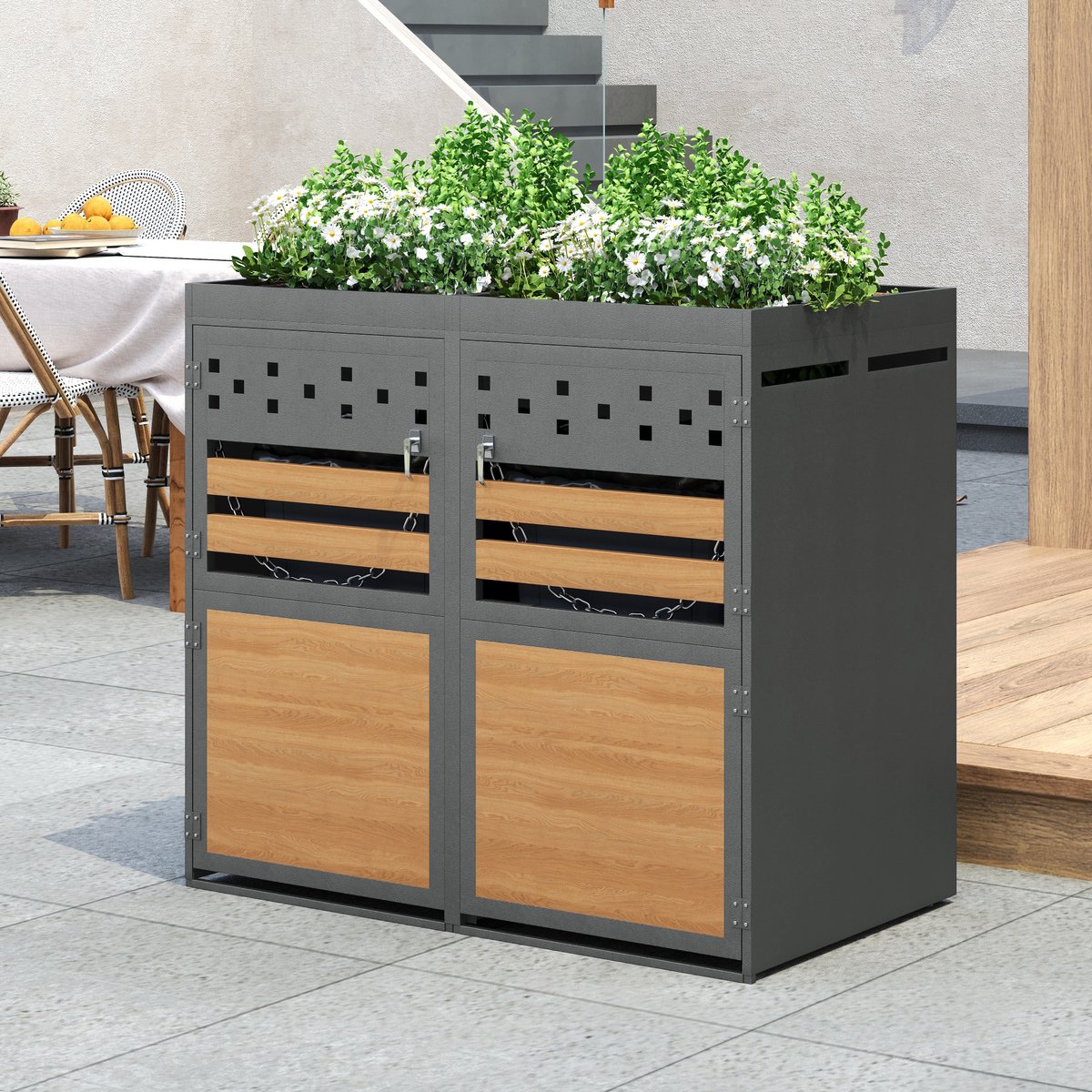 FloraGrace Containerberging – 2-Delig 132 x 80 x 125 cm – Metaal in Grijs en Natuurkleur – Met Plantdak voor 2 Containers van 120-240 Liter