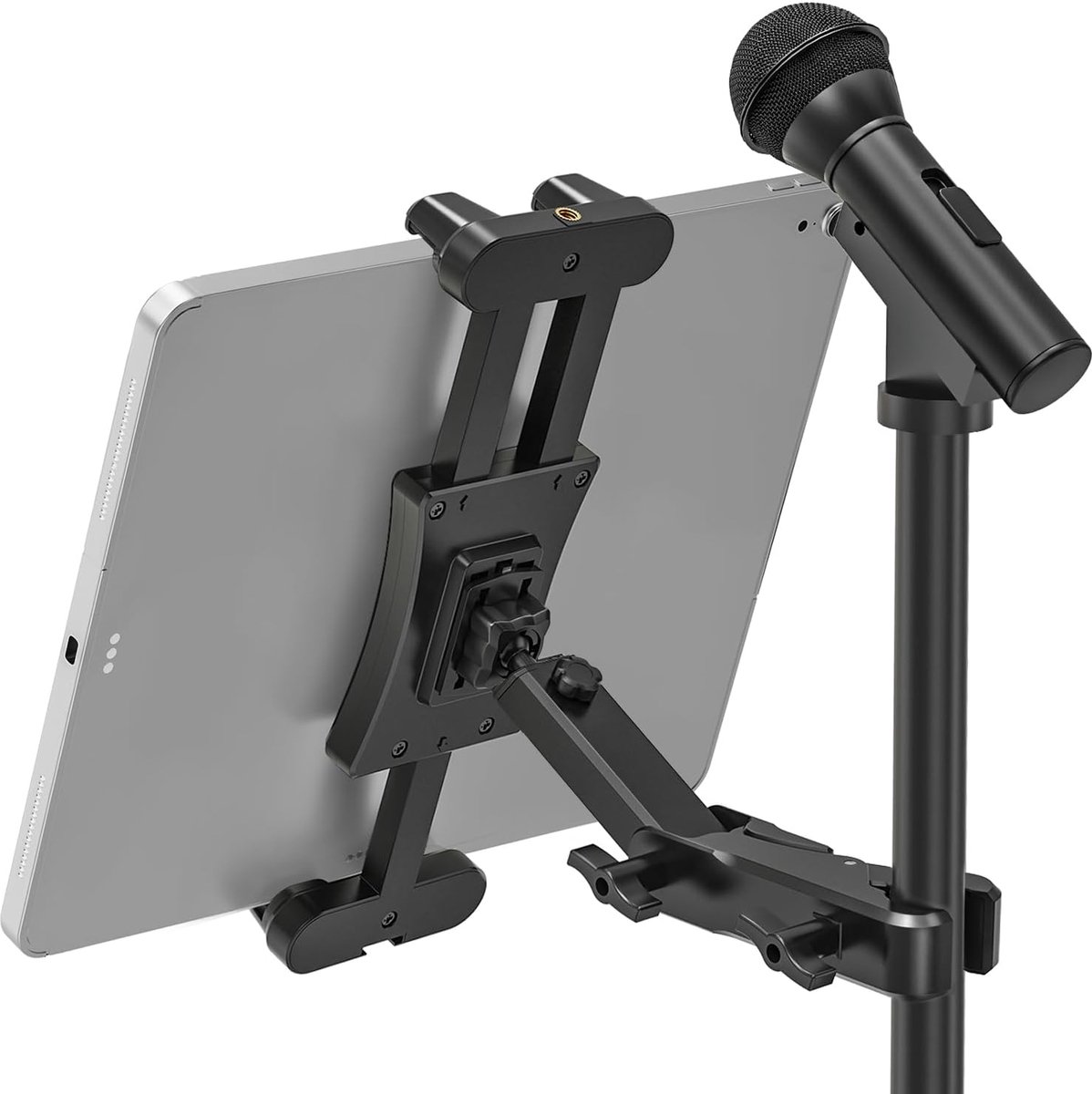 SnelShoppen - Tablet Houder voor Microfoonstandaard, 360° Draaibaar, Verstelbare Muziekstand Compatibel met iPad, Smartphones en Tablets 4.7-13.5 inch