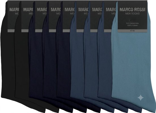 Marco Rossi herensokken, anti-transpiratie, 100% katoen in de kleuren zwart, donkerblauw, blauw en lichtblauw.